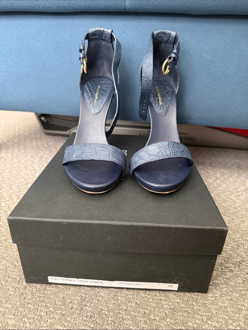 Devi Kroell Crocodile Navy Ankle Strap Sandals